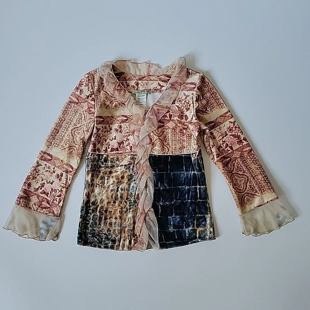 Little Mass Vintage Girls Medium Velour Top Mixed Block Print Ruffle Boho Hippie